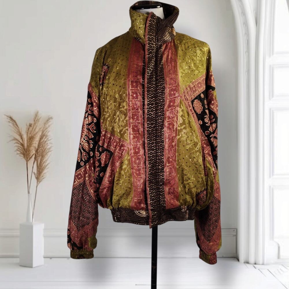 Luna Wild Collection Upcycled Sari Bomber Jacket L Boho Patchwork Festival